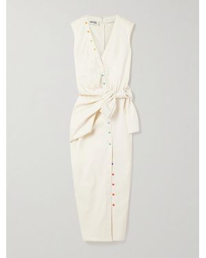 Christopher John Rogers Tie-Front Button-Embellished Washed Cotton-Twill Midi Shirt Dress - White