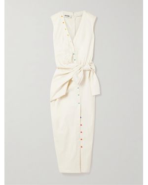 Christopher John Rogers Tie-Front Button-Embellished Washed Cotton-Twill Midi Shirt Dress - White