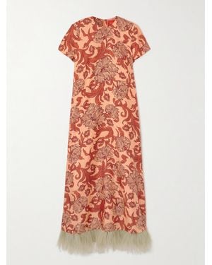 La DoubleJ Swing Maxikleid Aus Bedrucktem Seiden-Twill Mit Federn - Orange