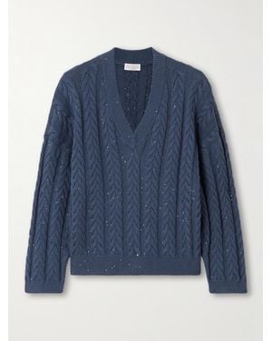 Brunello Cucinelli Sequin-Embellished Cable-Knit Cotton-Blend Sweater - Blau