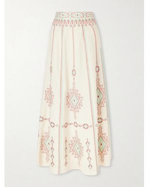 Emporio Sirenuse Camille Embroidered Linen And Cotton-Blend Midi Skirt - Natural