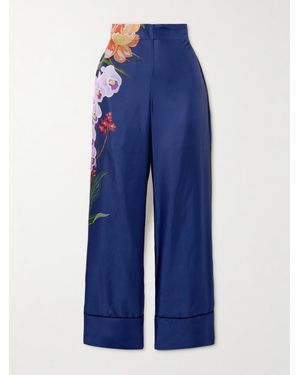 Borgo De Nor Pantalon Large En Serge De Soie À Imprimé Fleuri Havana - Bleu