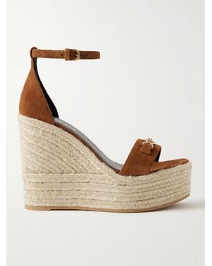 Versace Embellished Suede Espadrille Wedge Sandals - Natural