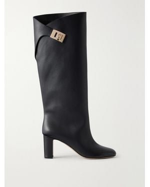 Ferragamo Elli 70 Embellished Leather Knee Boots - Black