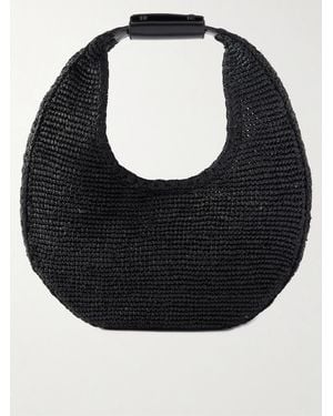 STAUD Moon Large Leather-Trimmed Raffia Tote - Black