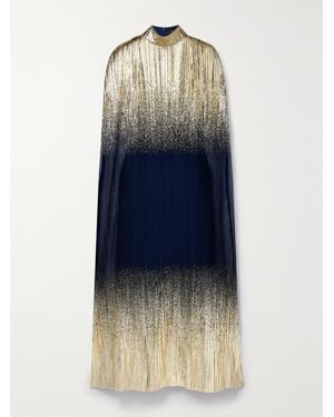 Dima Ayad Metallic Plissé-Tulle Gown And Cape Set - Blue