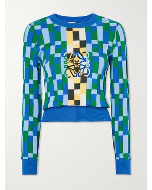 Loewe Anagram Appliquéd Checked Intarsia Cotton Jumper - Blue