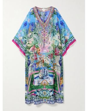 CAMILLA Crystal-Embellished Printed Silk-Crepe Kaftan - Blue
