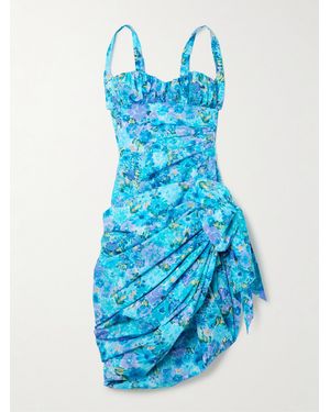 Chloé Asymmetric Bow-Detailed Draped Gathered Floral-Print Cotton Mini Dress - Blue