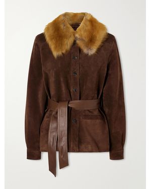 Saint Laurent Belted Shearling And Leather-Trimmed Suede Jacket - Brown