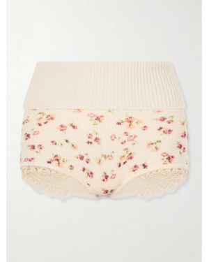 Magda Butrym Shorts Aus Einer Gerippten Mischung Aus Wolle, Seide Und Kaschmir Mit Blumenprint Und Häkelbesätzen - Natur