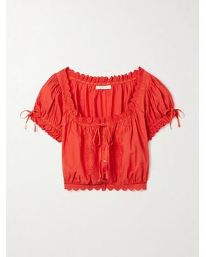 Doen Nera Broderie Anglaise Organic Cotton-Voile Top - Red