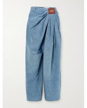 Loewe Leather-Trimmed Draped Gathered High-Rise Wide-Leg Jeans - Blue