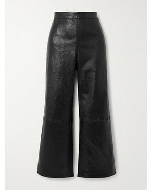 FRAME Crinkled Cropped High-Rise Wide-Leg Leather Pants - Black