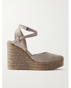 Brunello Cucinelli 80 Embellished Suede Platform Wedge Espadrille Sandals - Natural