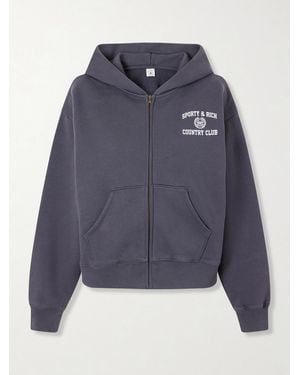 Sporty & Rich Logo-Print Garment-Dyed Cotton-Jersey Zip-Up Hoodie - Blue