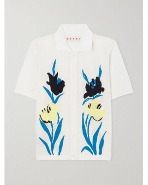 Marni Intarsia Open-Knit Cotton Polo Shirt - Blue