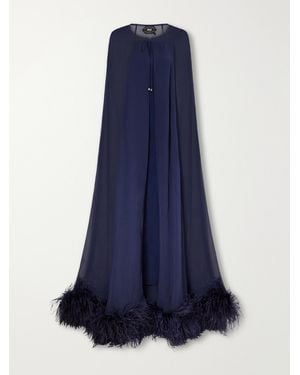Taller Marmo Grace Feather-Trimmed Silk-Chiffon Gown - Blue