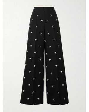 Valentino Garavani Bow-Embellished Wool And Silk-Blend Twill Wide-Leg Trousers - Black