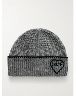 Chloé Coeur Embroidered Ribbed Wool And Cashmere-Blend Beanie - Grey