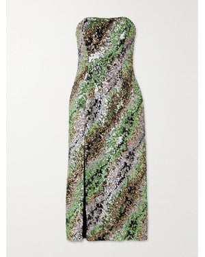 Halpern Strapless Striped Sequined Tulle Midi Dress - Green