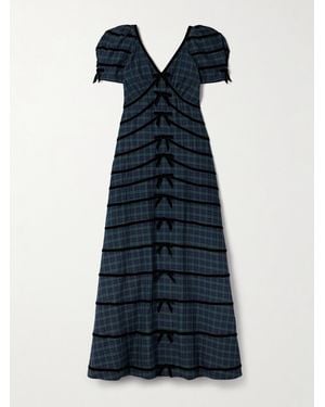 The Vampire's Wife The Alice Bow-Embellished Velvet-Trimmed Checked Cotton-Twill Maxi Dress - Blue