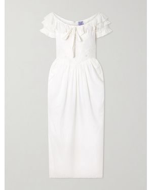 Thierry Colson Robe Midi Épaules Nues En Voile De Coton À Nœud, Volants, Fronces Et Broderies Falbala - Blanc