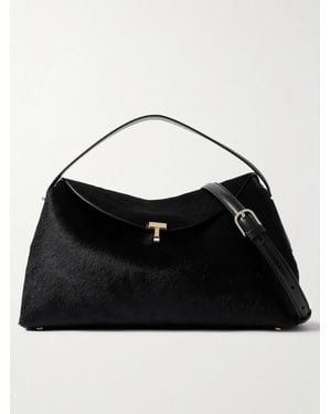 TOTEME T-Lock Leather-Trimmed Pony Hair Shoulder Bag - Black