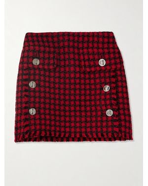 Versace Button-Embellished Frayed Checked Tweed Mini Skirt - Red