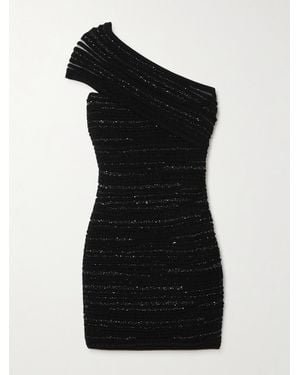 Balmain One-Shoulder Sequin-Embellished Ribbed-Knit Mini Dress - Black