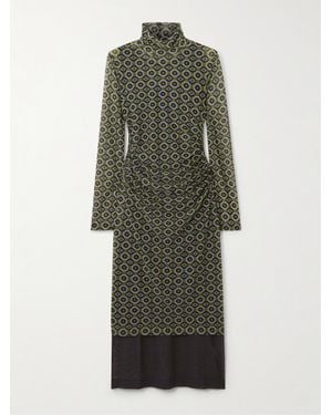 Dries Van Noten Layered Printed Mesh Turtleneck Midi Dress - Green