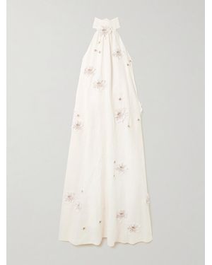 Agua Bendita Lima Embellished Appliquéd Linen Halterneck Maxi Dress - Natural