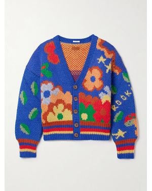 Mother The Button Intarsia Alpaca-Blend Cardigan - Blue