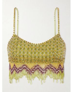 Bode Bottleglass Cropped Fringed Beaded Satin Top - Yellow