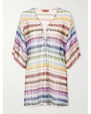 Missoni Lace-Up Striped Metallic Crochet-Knit Coverup - Grey