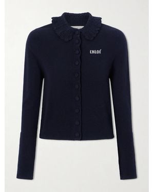 Chloé Logo Embroidered Wool Cardigan - Blue