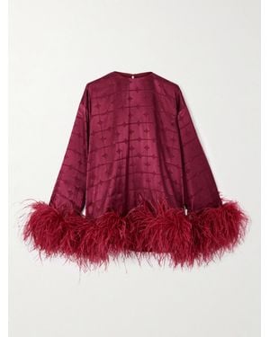 Dima Ayad Geometric Feather-Trimmed Devoré-Satin Blouse - Rot