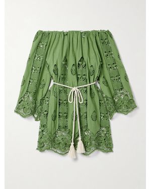 Miguelina Mini-Robe Épaules Nues En Voile De Coton Et En Dentelle À Broderies Et À Ceinture Brigette - Vert