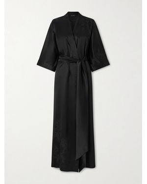 Carine Gilson Belted Floral-Embroidered Silk-Satin Kimono - Black