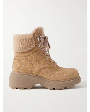 Gucci Yaga Schnürstiefel Aus Veloursleder Mit Fleecebesätzen Und Logoprägung - Natur