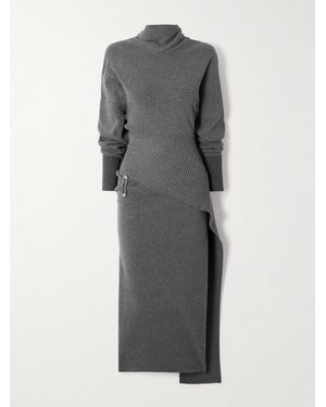 Lanvin Embellished Draped Wool-Blend Turtleneck Midi Dress - Grey