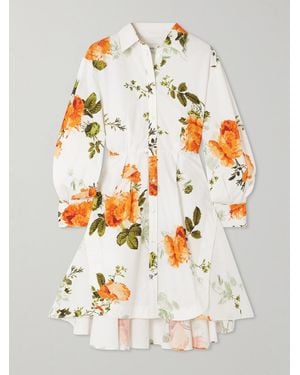 Erdem Mini-Robe-Chemise Asymétrique En Popeline De Coton À Imprimé Fleuri Et À Plis - Gris