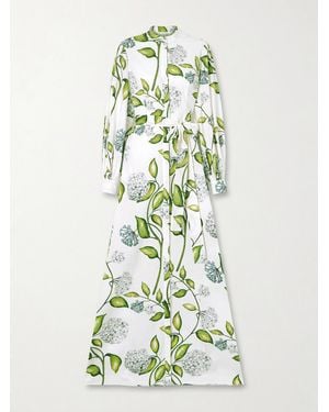 Oscar de la Renta Belted Floral-Print Cotton-Poplin Dress - White