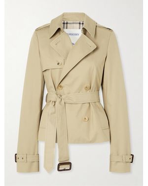 Burberry Waterloo Cropped Double-Breasted Leather-Trimmed Gabardine Trench Coat - Natural