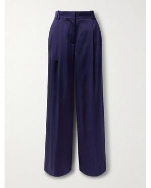 Another Tomorrow Pleated Satin Wide-Leg Pants - Blue