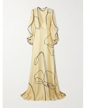 Costarellos Priela Ruffled Cutout Floral-Print Satin Gown - Natural