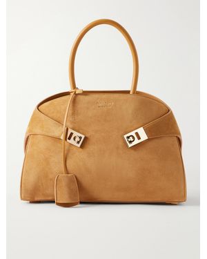 Ferragamo Hug Small Embellished Leather-Trimmed Suede Tote - Natural