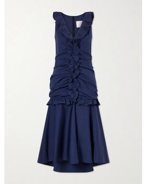 Carolina Herrera Ruched Ruffled Cotton-Blend Midi Dress - Blue