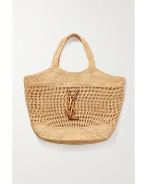 Saint Laurent Icare Maxi Embellished Leather-Trimmed Raffia Tote - Natural