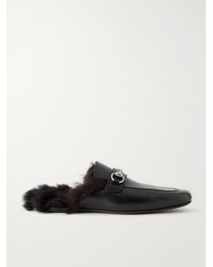 Gucci Casanova Horsebit-Detailed Shearling-Trimmed Leather Mules - White